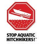 Stop Aquatic Hitchikers graphic of boat on a boat ramp in red and white hexagon.
