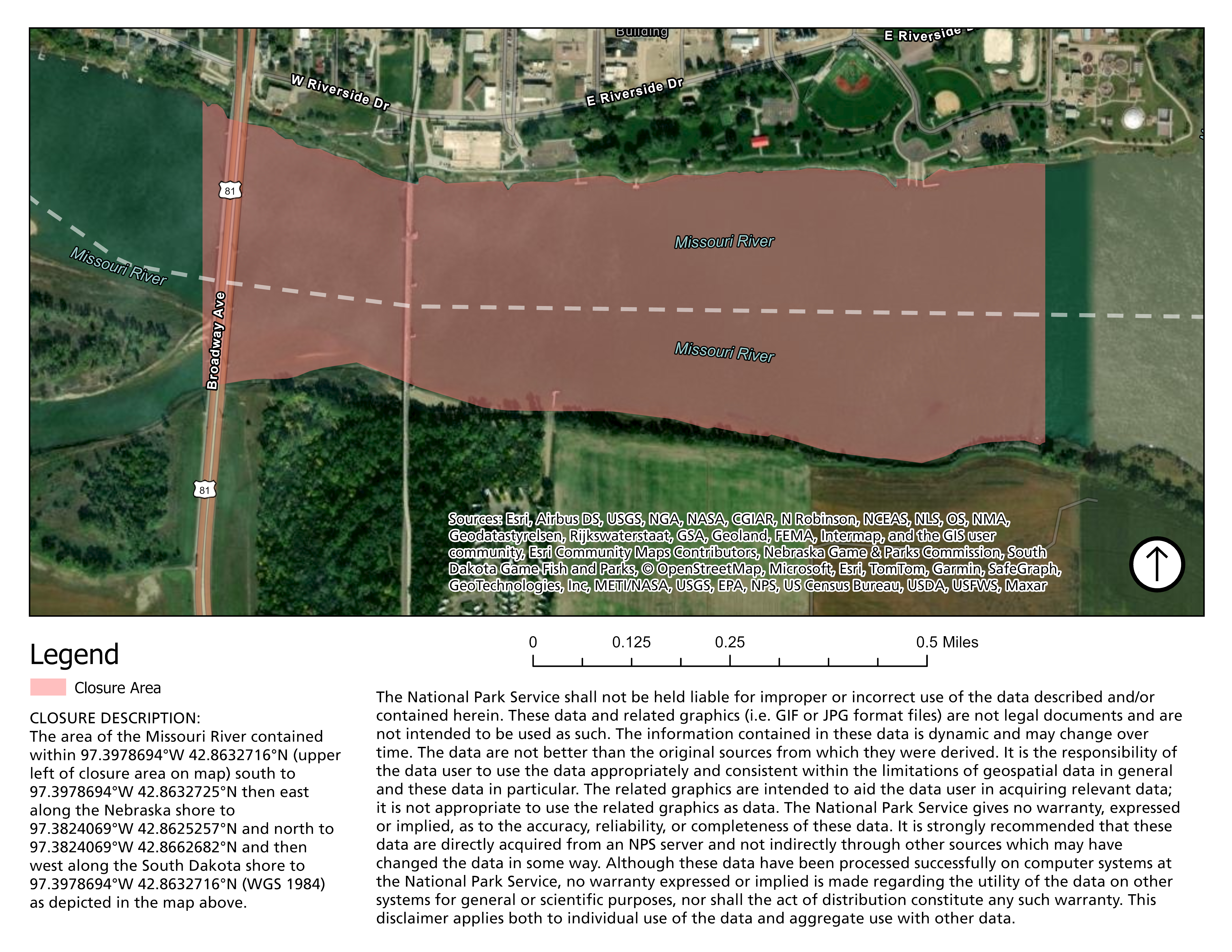 MNRR Closure Map Riverboat Days 1 A map of the Missouri River showing the closure area in red.
