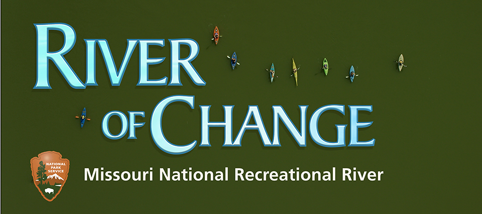River of Change Image with the words River of Change over an aerial picture of the Missouri River and boats.