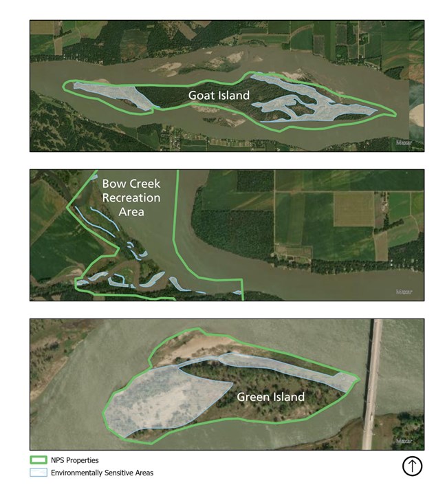 Three separate images that include Green Island, Goat Island, and Bow Creek Recreation Area that highlight environmentally sensitive areas. The park requests no camping in these areas.