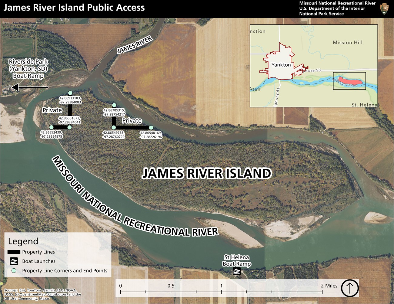 Map with aerial view of James River Island, the missouri river, and the surrounding area. Map marks the sections of private property.