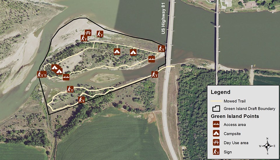 Aerial view over Green Island with graphic lines showing island boundary and campsite locations.