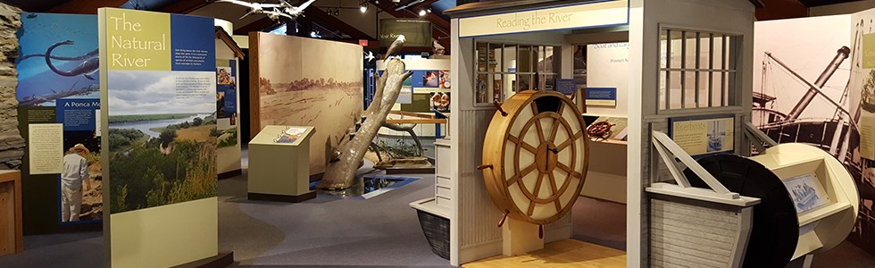 Colorful exhibits housed inside a museum space.