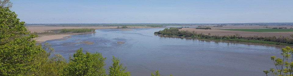 A wide view of the Missouri River with its borders outlined by cottonwood trees.