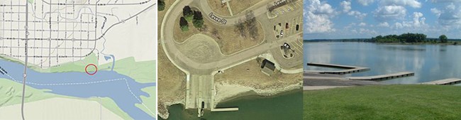Three images viewed from left to right: topo map of river access, aerial image of boat ramp, view of river docks and the river.