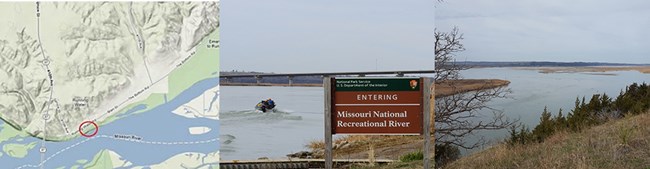 Three images viewed from left to right: topo map of river access, brown park boundary sign at boat ramp, river access, view looking upriver from near boat ramp.