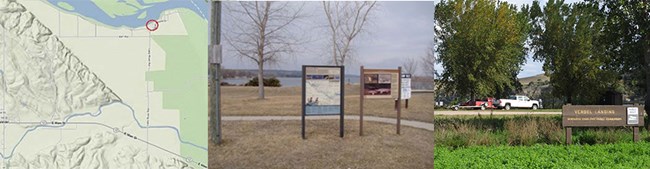 Three images viewed from left to right: topo map of river access, information signs at river access, boat ramp at the river.