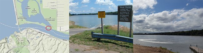 Three images viewed from left to right: topo map of river access, boat ramp signs, boat ramp at the river.