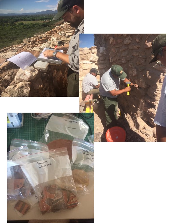 Collection of images portraying archaeologists and masons stabilizing Tuzigoot pueblo