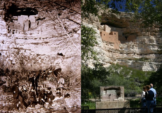 Tourists at Montezuma Castle: 1887 (left) and 2007 (right).