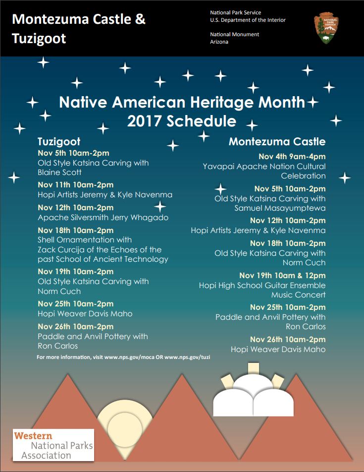 Poster listing events at both Montezuma Castle and Tuzigoot through November 2017