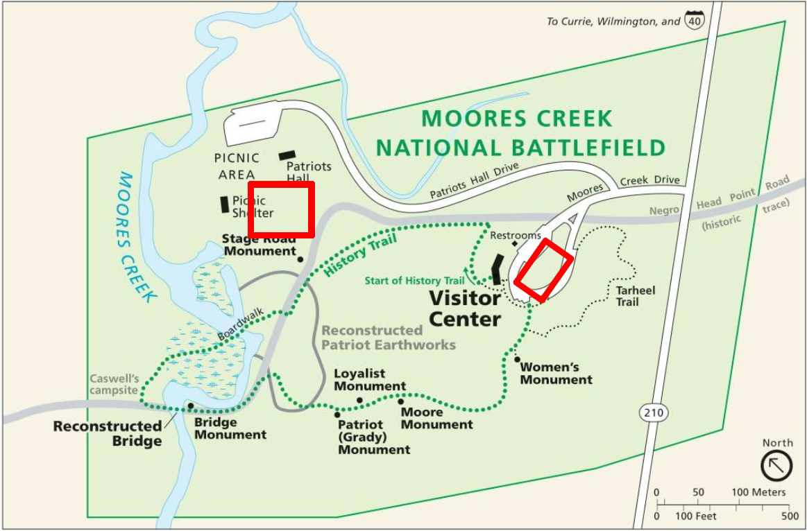 Map of Moores Creek Battlefield with areas by the picnic shelter and inside the parking loop at the visitor center.
