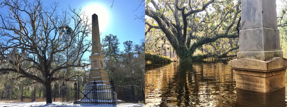 Two photos side by side show a granite monument on a winter day and the other showing the same monument in flood waters approximately halfway up the monument.