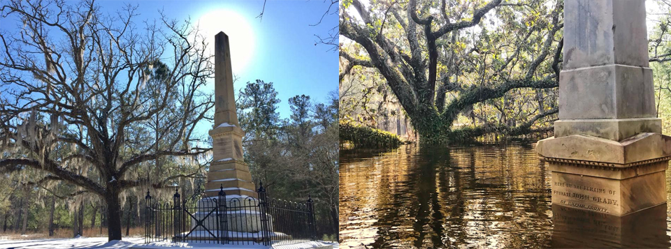 092018_MooresCreek-SideBySide Two photos side by side show a granite monument on a winter day and the other showing the same monument in flood waters approximately halfway up the monument.
