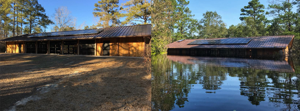 092118_MooresCreek-SideBySide Two photos showing a building surrounded by wooded areas on the left and the same building standing in flood waters nearly reaching the roof line.