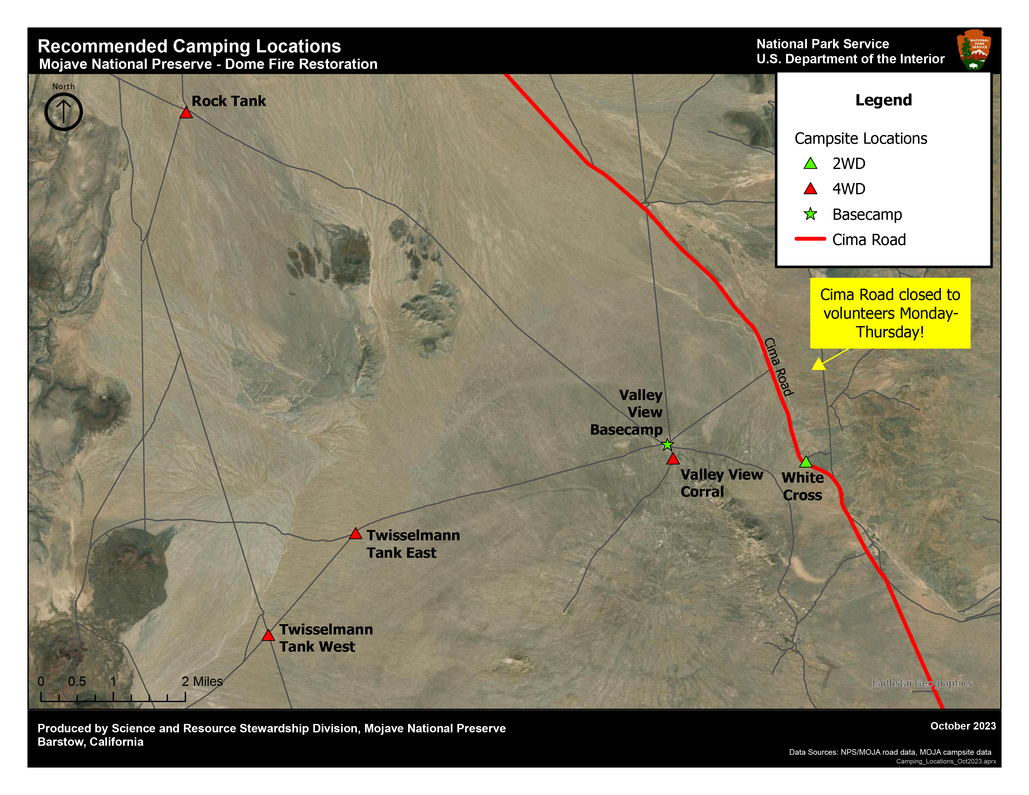 Recommended Camping Locations Map: Cima Dome CLosed, Valley View Basecamp in Center, Rock Tank, Corral, White Cross Campsites