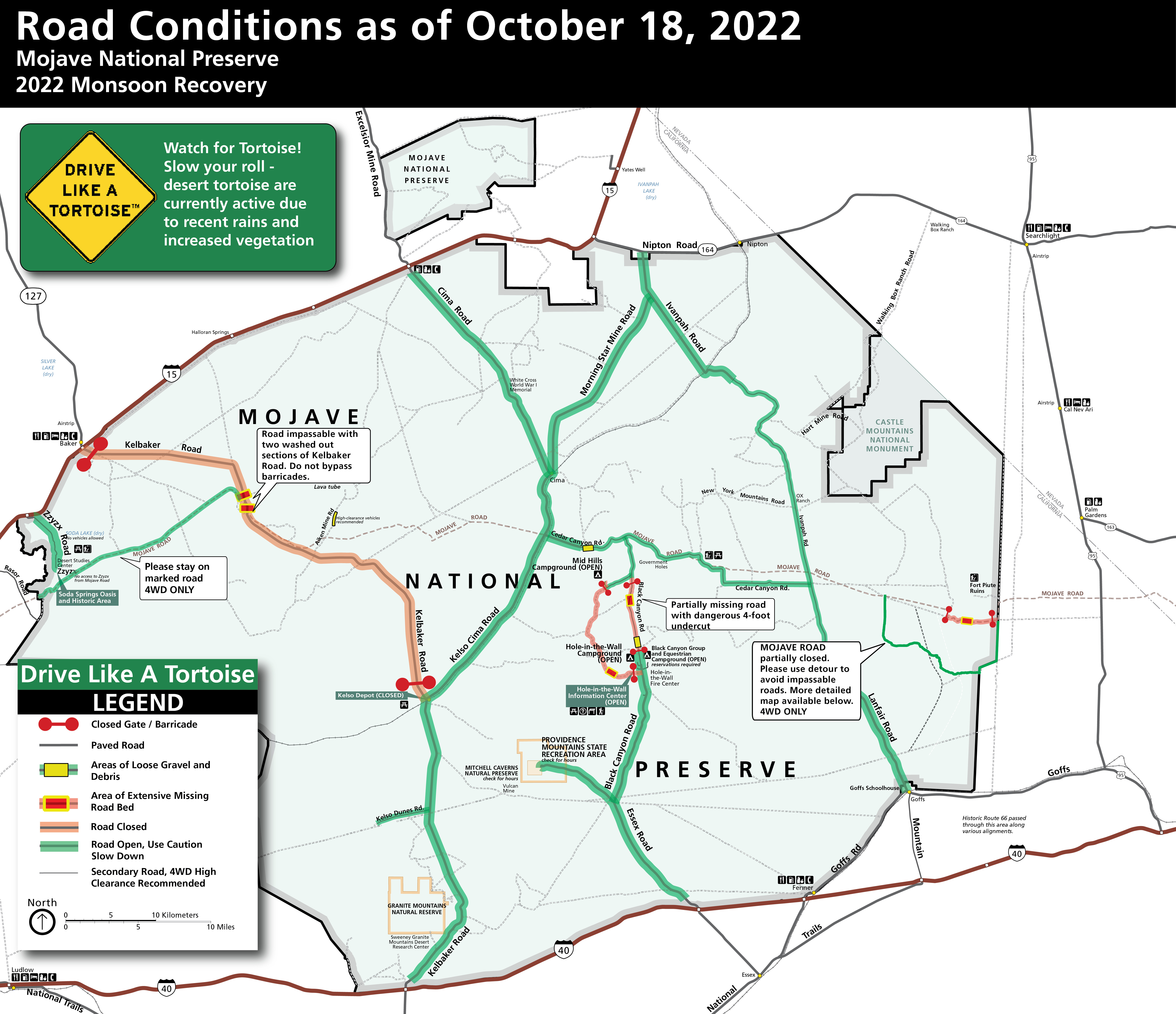 Map of open and closed road conditions in Mojave National Preserve