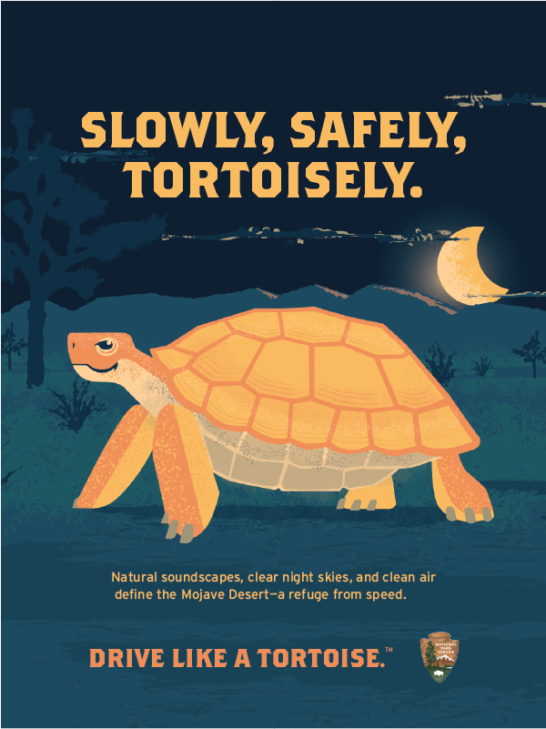 Title of image Slowly Safely Tortoisely illustration with tortoise and text Natural soundscapes, clear night skies, and clear air define the Mojave Desert - a refuge from speed