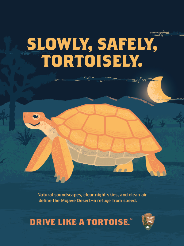 Title of image Slowly Safely Tortoisely illustration with tortoise and text Natural soundscapes, clear night skies, and clear air define the Mojave Desert - a refuge from speed