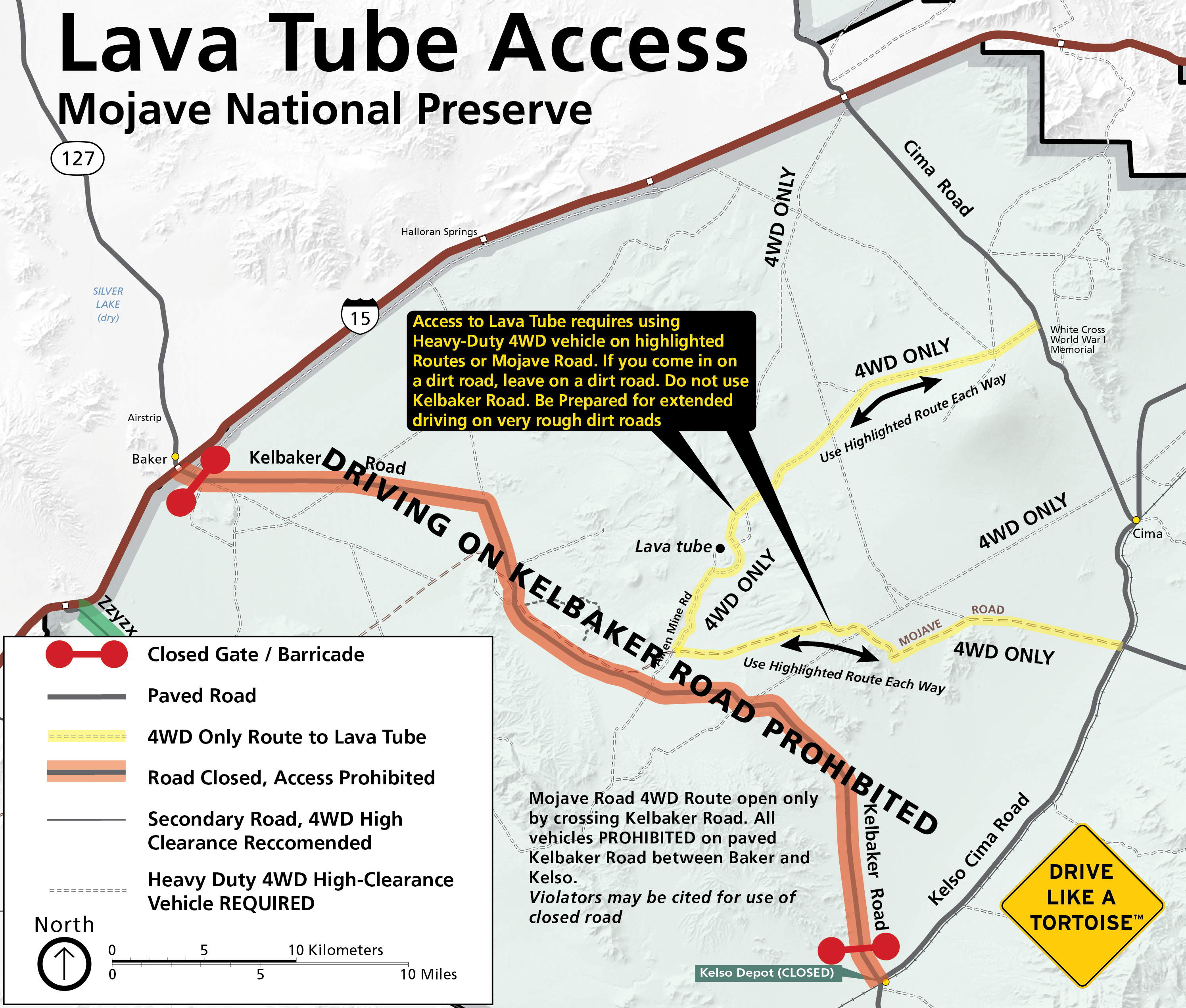 Map of Lava Tube Area highlighting alternate routes of access along Valley View, Aiken Mine, and Mojave Roads. Text emphasizes Kelbaker Road closed, and heavy duty four wheel drive is required to access Lava Tube.