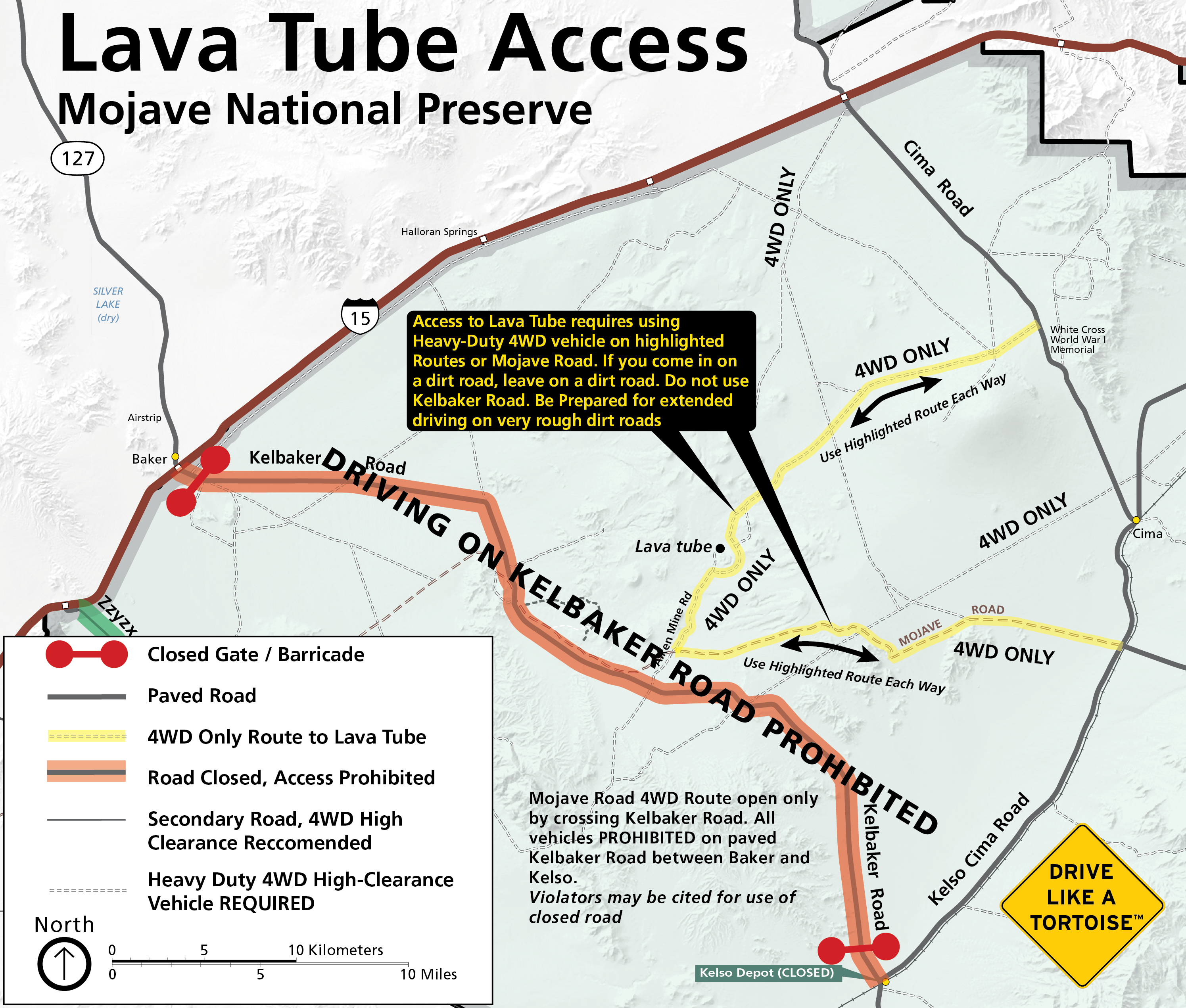 7 February Road Conditions Lava Tube Access Info Graphic Mojave National Preserve 2022-02 Map of Lava Tube Area highlighting alternate routes of access along Valley View, Aiken Mine, and Mojave Roads. Text emphasizes Kelbaker Road closed, and heavy duty four wheel drive is required to access Lava Tube.