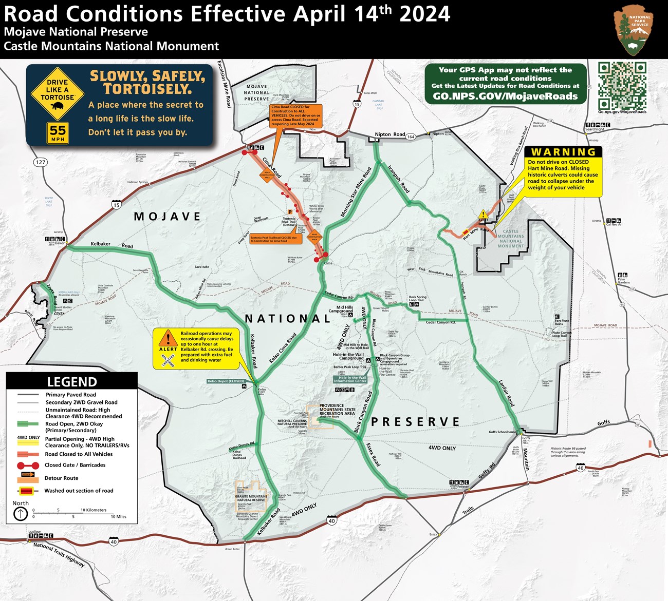 Road conditions map with Cima Road highlighted in Red for Closure, Map current as of April 14 2024 Map warns of dangerous conditions and closure of Hart Mine Road in east of Preserve. Warning box indicates 1 hour delays on railroad crossing by Kelso Depot
