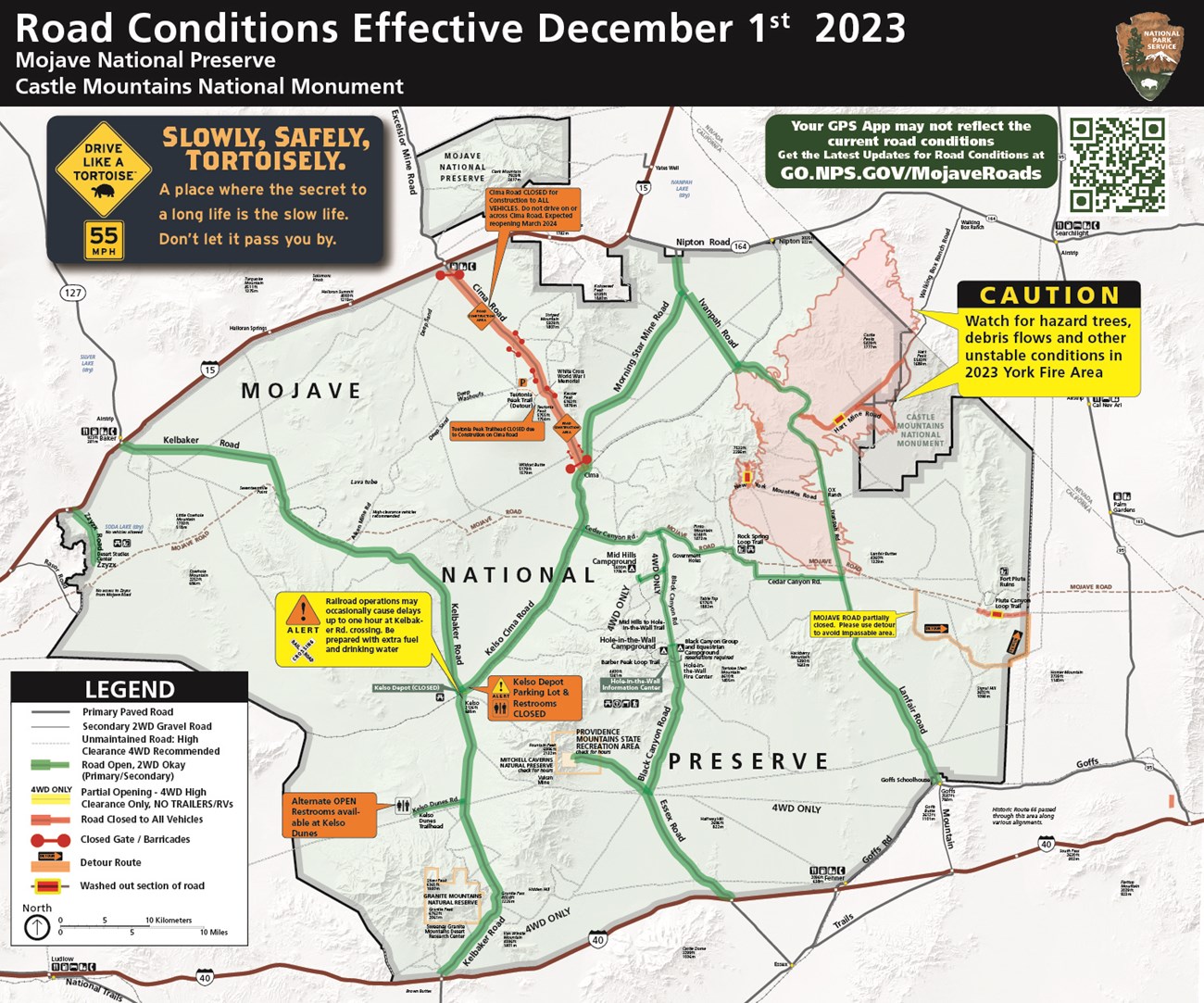 Road Conditions Map of Mojave National Preserve. All Roads open except for Cima Road, Hart Mine Road, and Upper Carruthers Canyon Road. Kelso Depot Parking Lot and Restrooms Closed.