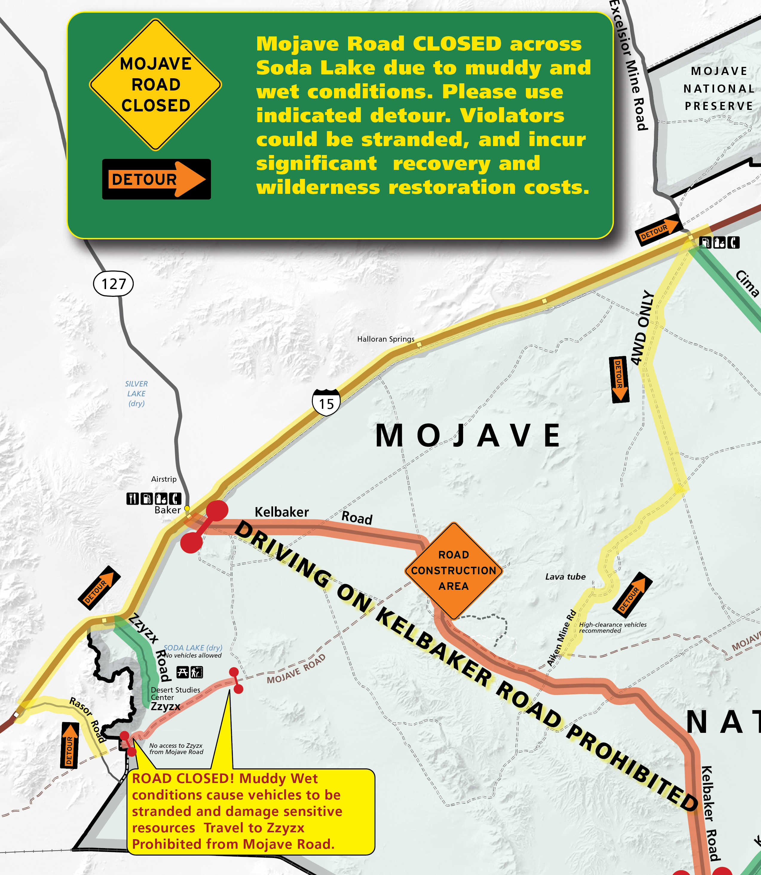 Detour map for Mojave Road, highlighting Rasor Rd, Interstate 15, Cima Road, and Aiken Mine Road as a detor around the closed soda lake section of the Mojave Road