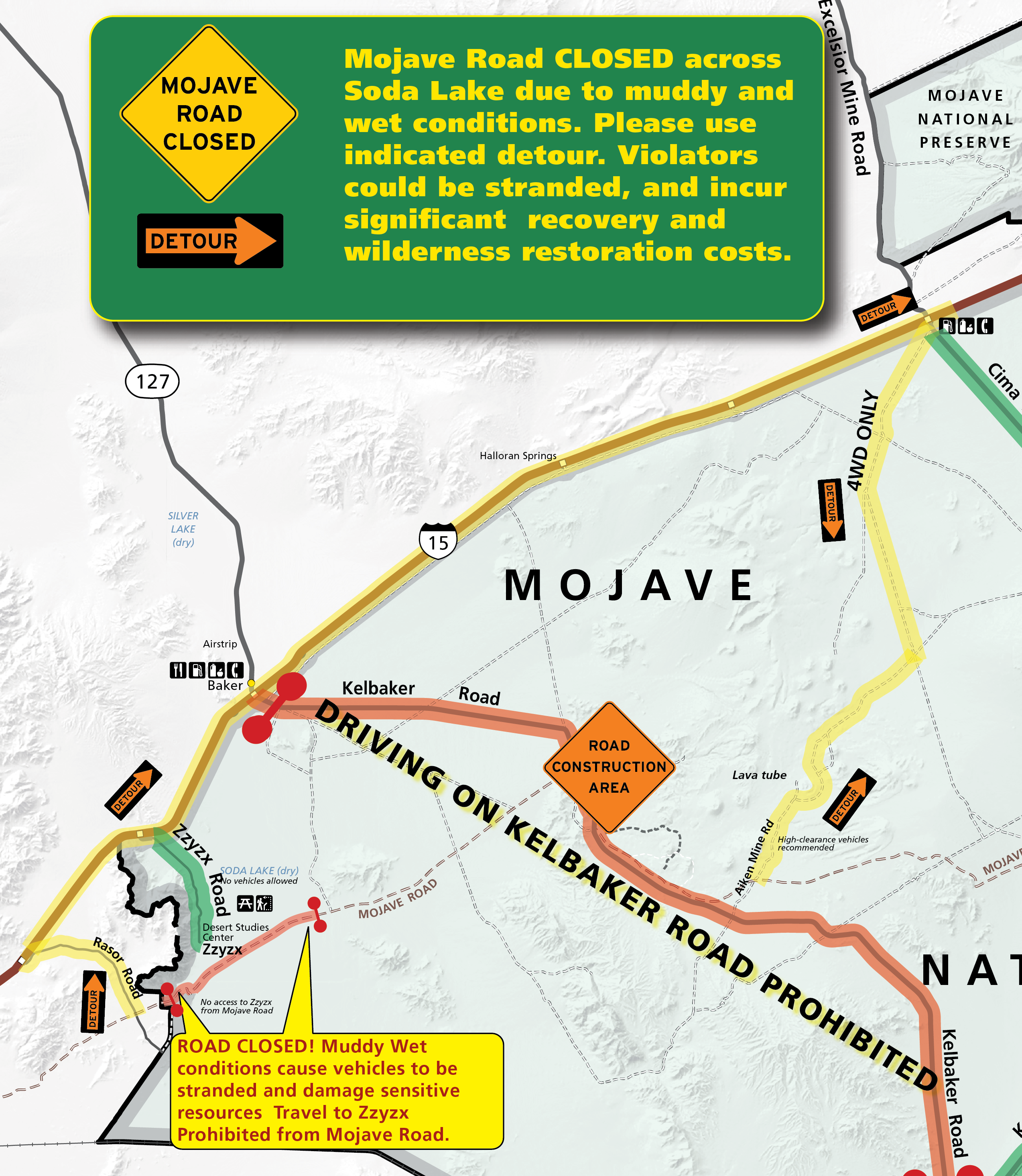 March 1 to March 10 Soda Lake Detour-02 Detour map for Mojave Road, highlighting Rasor Rd, Interstate 15, Cima Road, and Aiken Mine Road as a detor around the closed soda lake section of the Mojave Road