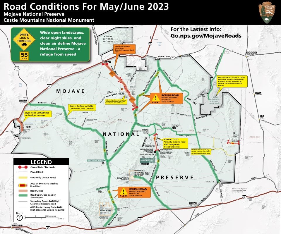 Road Conditions map for Mojave National Preserve showing open roads in green (Kelso Cima, Morning Star Mine, Kelbaker, Lower Black Canyon, Cedar Canyon,  Ivanpah, Essex and Lanfair Roads) and closed roads in Red (Zzyzx, Cima, and upper black Canyon Roads)