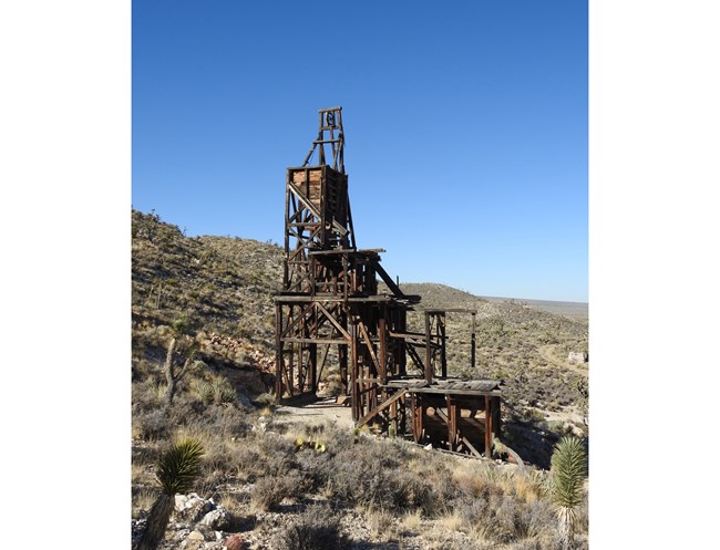 The tall wooden Evening Star Mine headframe stands surrounded by Joshua trees and other desert shrubbery