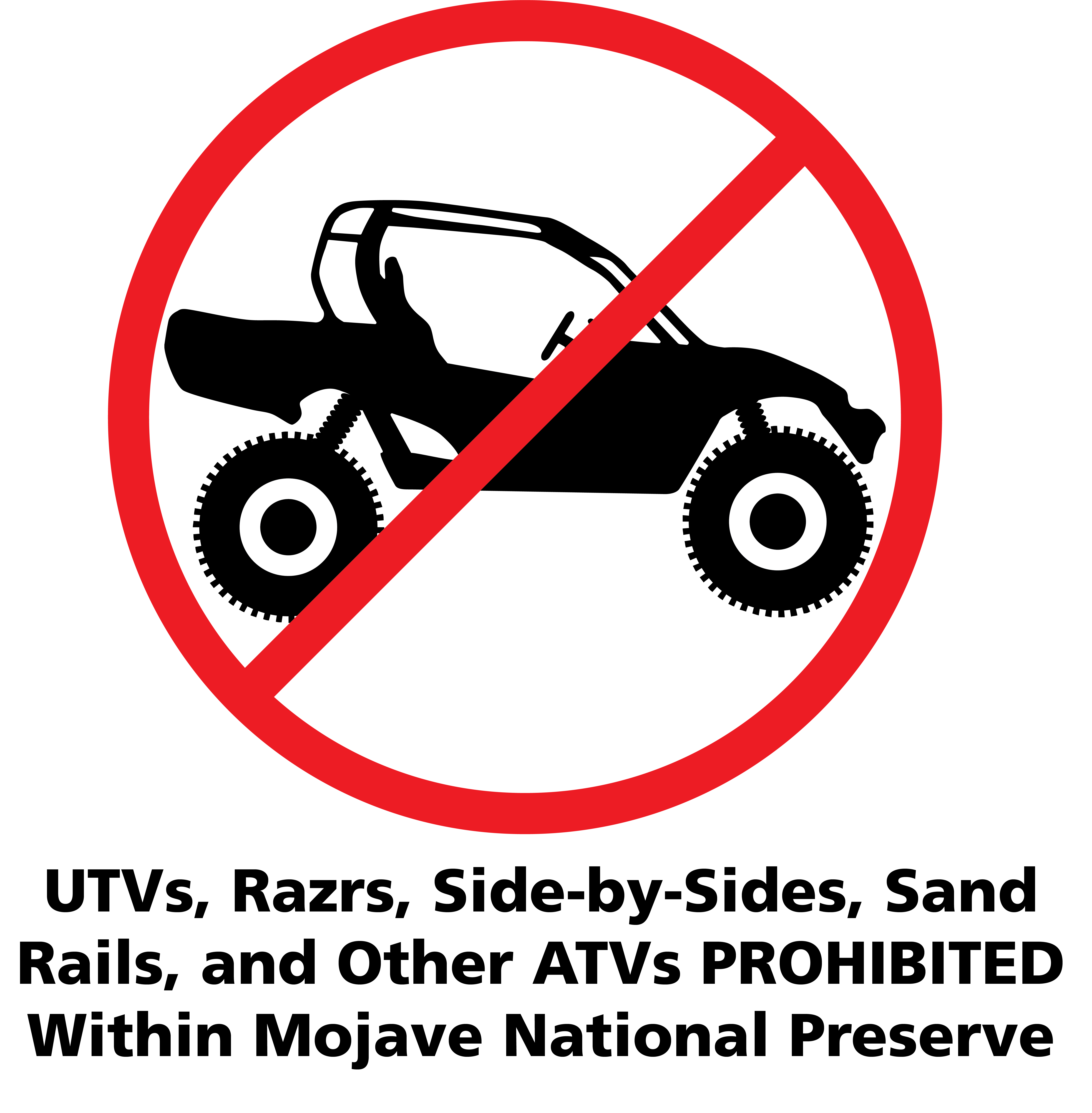 An outline of a UTV off road vehicle with a red circle and crossed Line