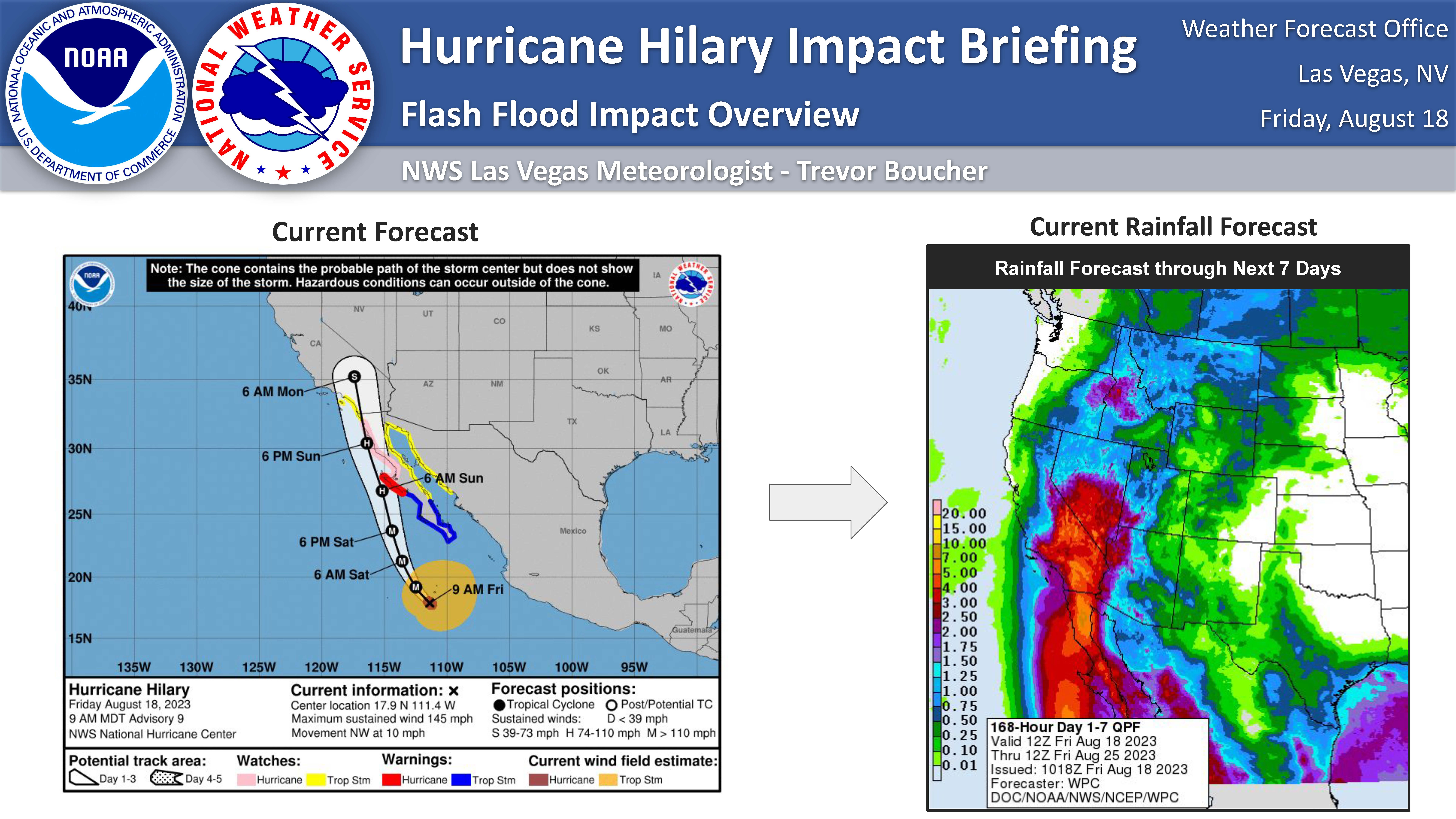 Forecast maps for next 7 days fro Hurricane Hilary Impact with storm track and rainfall amount forecast