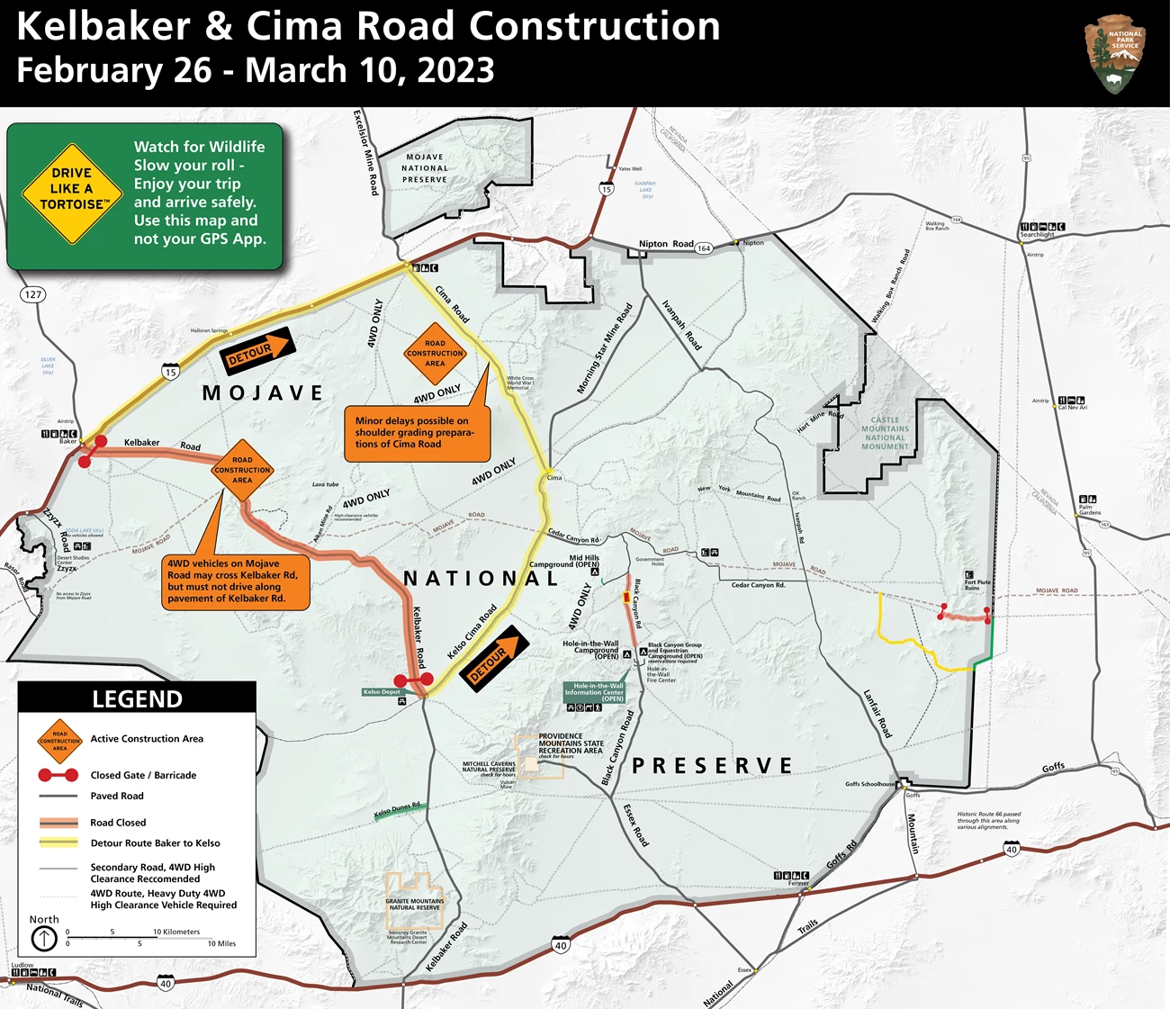 Kelbaker Road Construction Map Map of Mojave National Preserve showing Kelbaker Road closed between Kelso and Baker during the construction. Kelso Cima and Cima Roads are highlighted as detour routes. Call out text: four wheel drive vehicles on Mojave Road may cross Kelbaker Rd, but mu