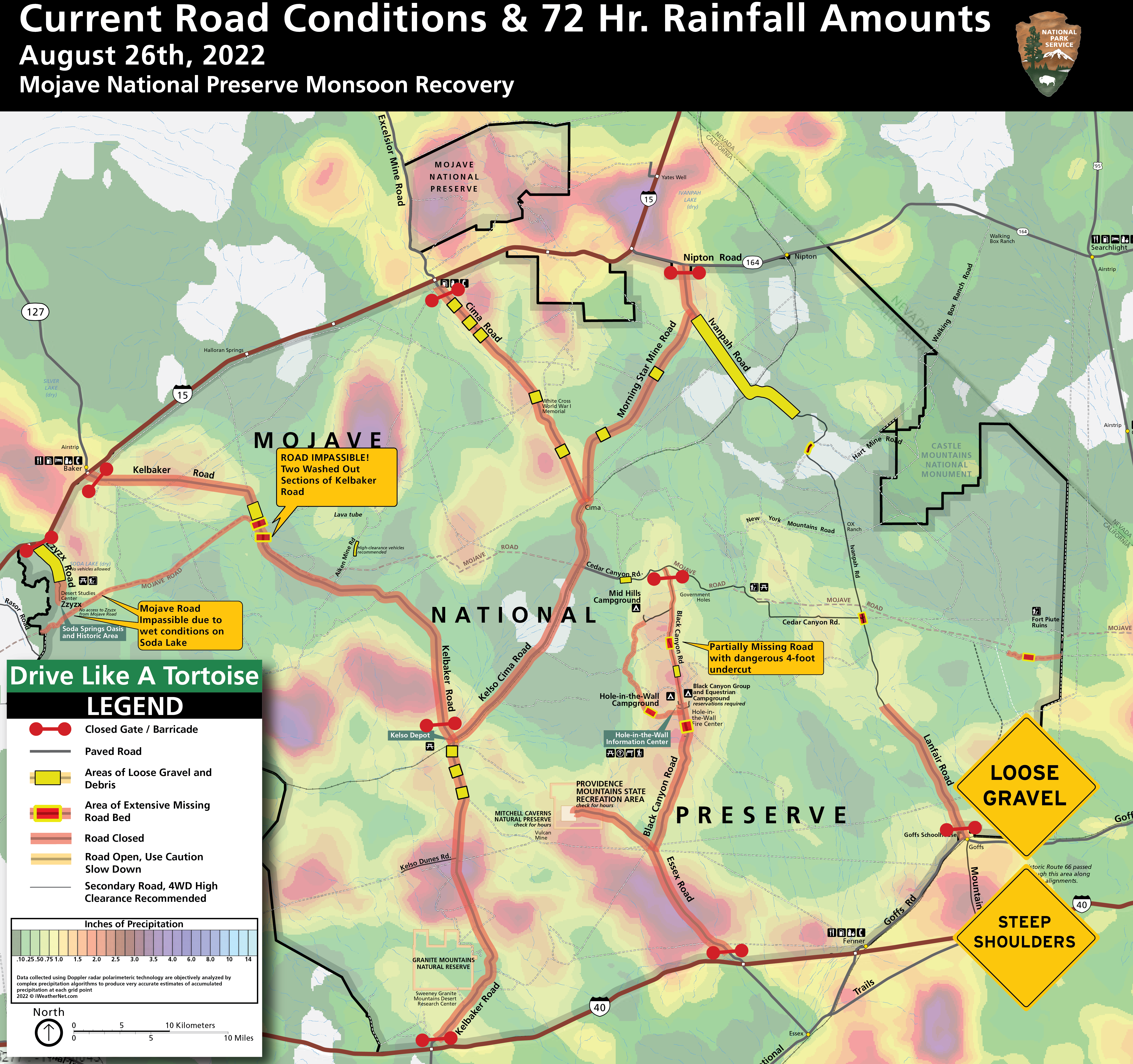 Map of Mojave National Preserve Road Conditions and 72 Hr Rainfall Amounts for Aug 26, 2022. The map indicates heavy rain and road conditions with loose gravel and steep shoulders with many roads closed in the preserve.