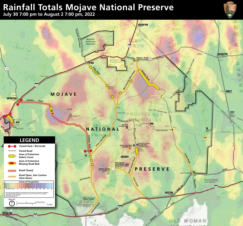 8-12-2022 Press Release Roads Reopening at Mojave 960 px Map of preserve roads, with closed gate symbols at Zzyzx Road and Kelbaker Road north of Kelso. Base map is rainfall intensity that coincides with road damage symbols on Kelbaker, Ivanpah, and Zzyzx Roads