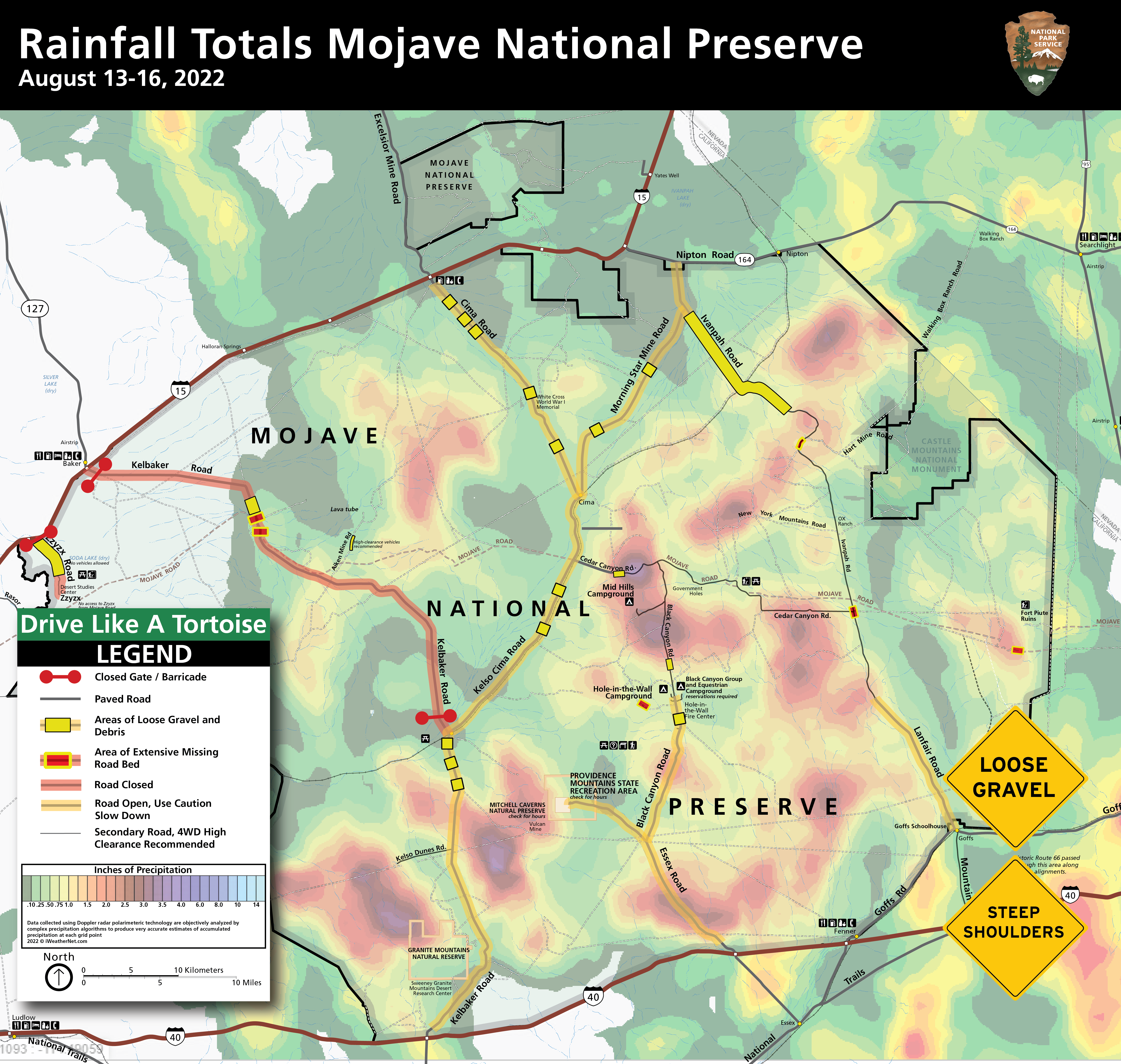 A color coded map of rainfall amounts from August 13-16, 2022. Most of the rain fell along the Providence and New York Mountains that extend from south central to north eastern portions of the Mojave National Preserve. Roads are coded for conditions.