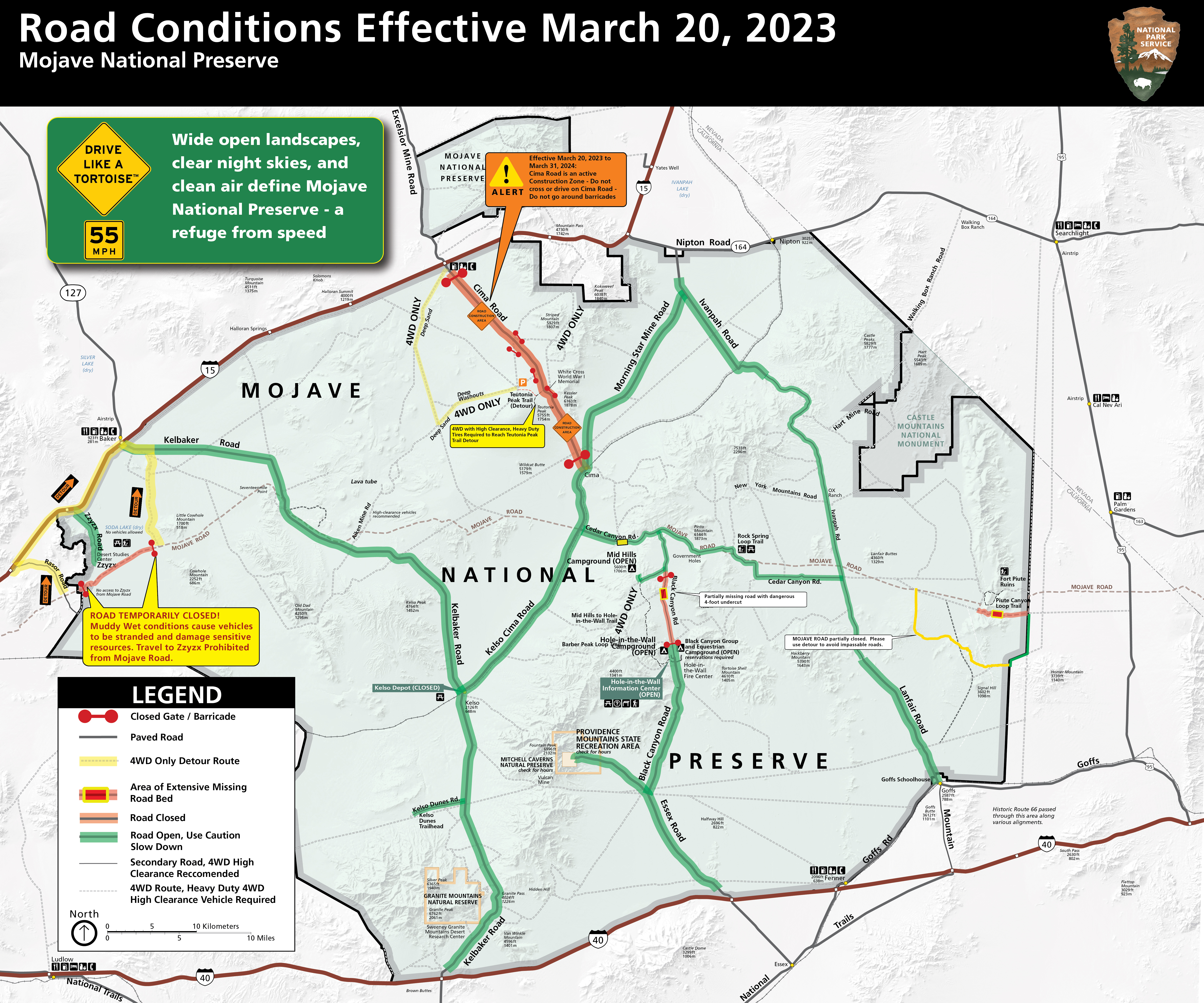 Road Conditions Map for Mojave National Preserve. Cima Road from I-15 to Kelso Cima Road is Highlighted in Red to indicated closed. A 4WD route is highlighted to indicate a backcountry route to Teutonia Peak Trail.