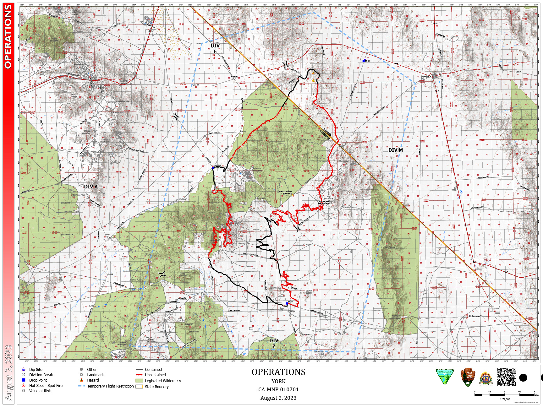 York Fire Perimeter Map August 2, 2023 Topographic Map of the eastern part of the preserve. Green areas are wilderness, Red line is active fire perimeter, black line for contained fire perimeter