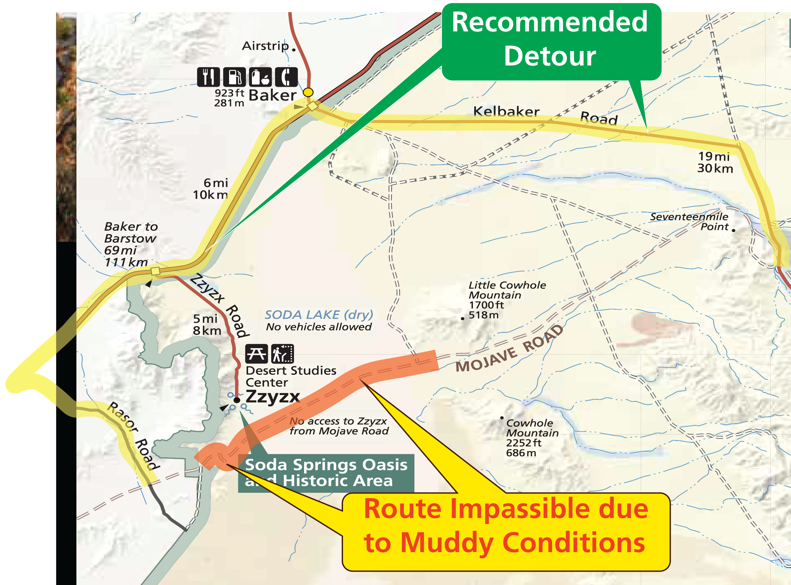 ReRouting of Mojave road: use Rasor, Interstate-15, and Kelbaker Road to bypass muddy impassible section of Mojave Road