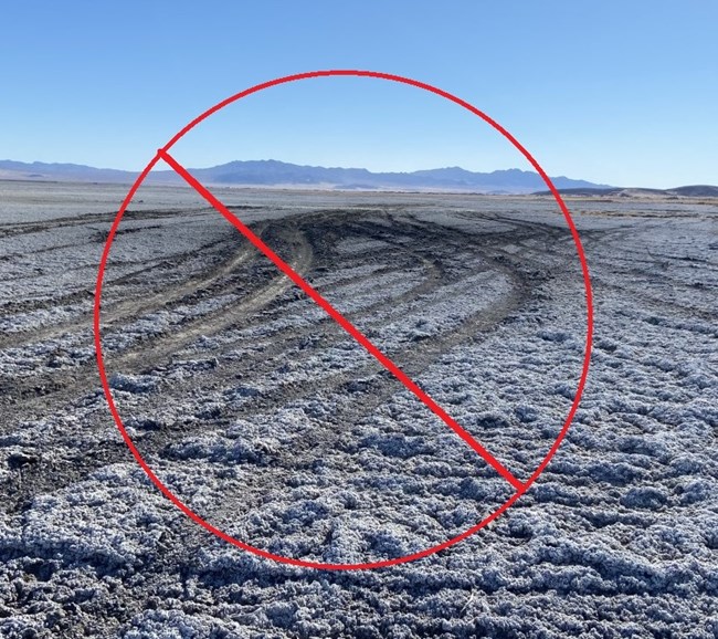 Illegally made tire tracks into the wilderness of the Soda Dry Lakebed. There is a red slash through the photo