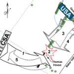 Battle map with arrows showing Union and Confederate forces clashing on the Thomas Farm