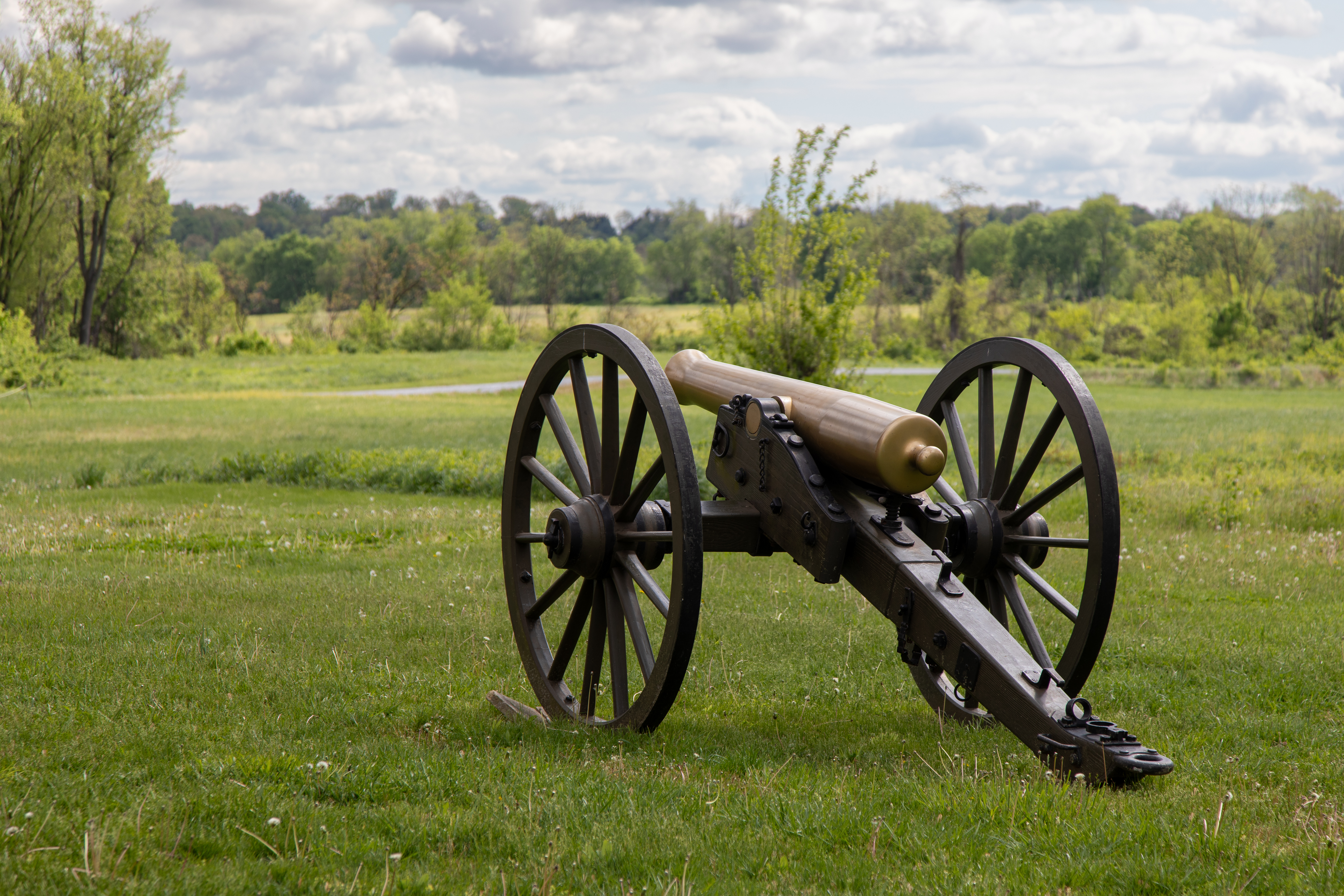 Historic cannon sitting on an open green field with trees in the background.