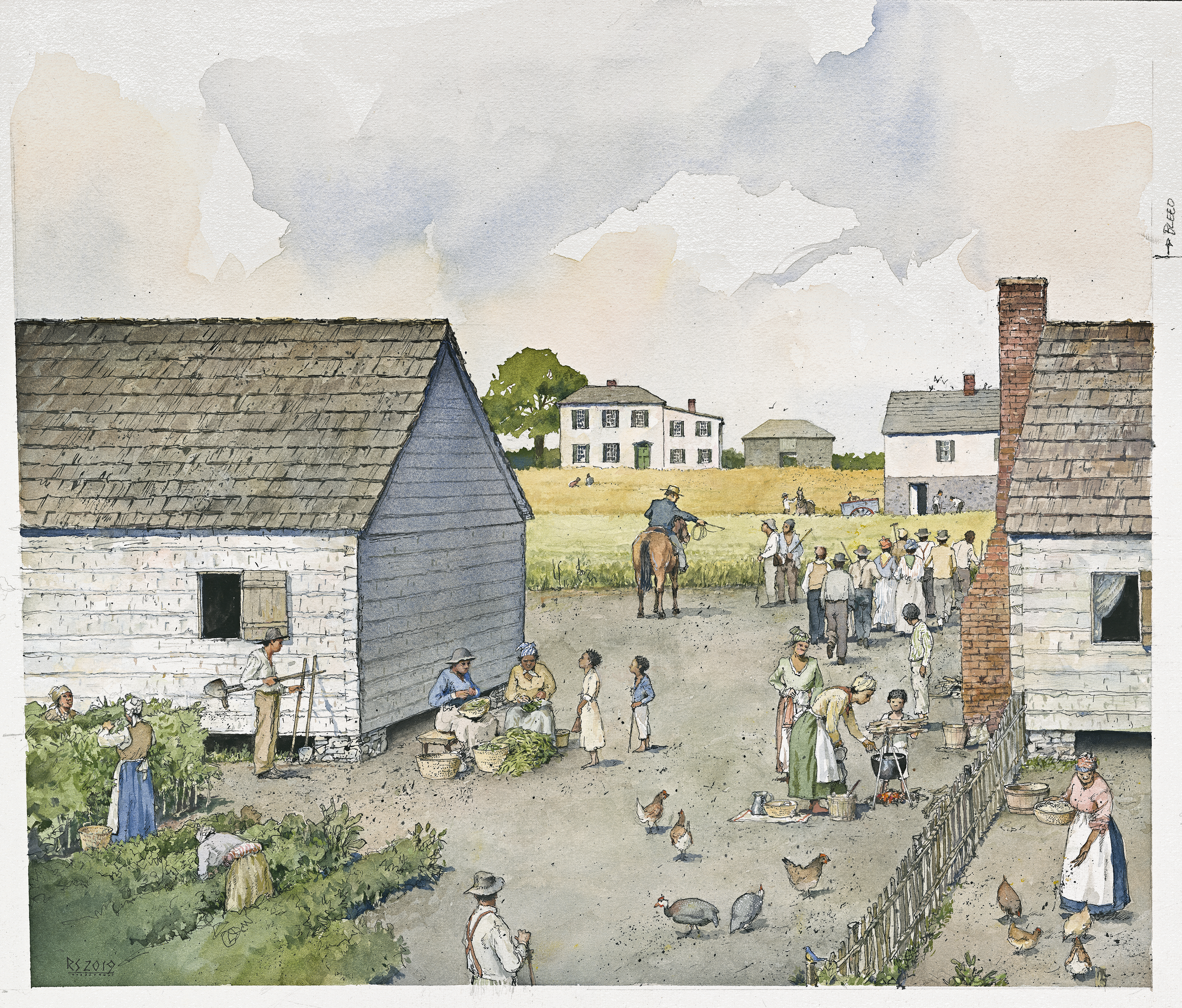 Artist's rendering of daily life in L'Hermitage slave village.
