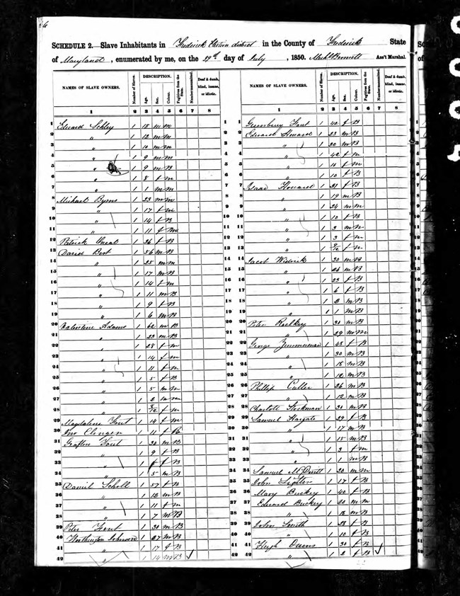 A piece of ledger paper with hand written names listing the names of enslavers and the age, gender, and color of the enslaved.