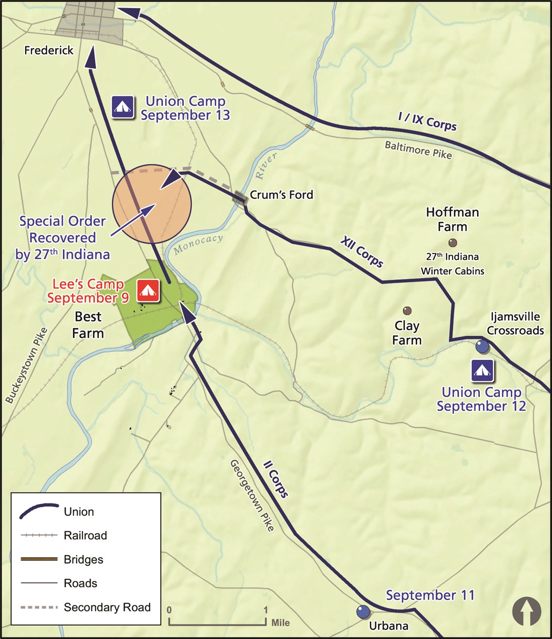Map of Monocacy Junction area showing location where Special Order 191 was discovered.