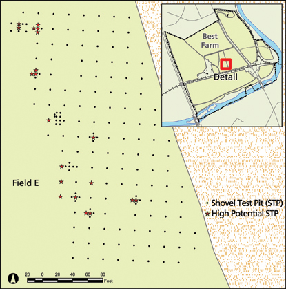 A computer made map showing the location of shovel test pits done during the archeological survey at the Best Farm.