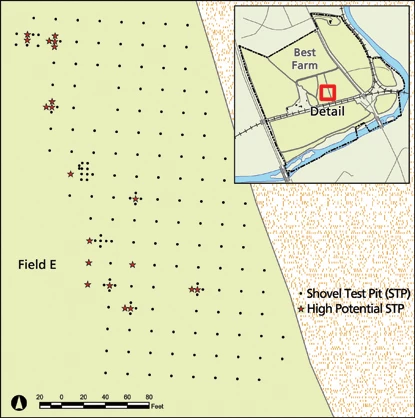 A computer made map showing the location of shovel test pits done during the archeological survey at the Best Farm.