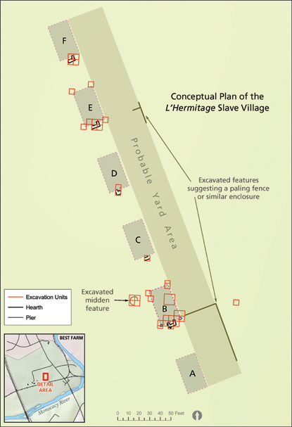 Drawing showing six evenly spaced small buildings in a line