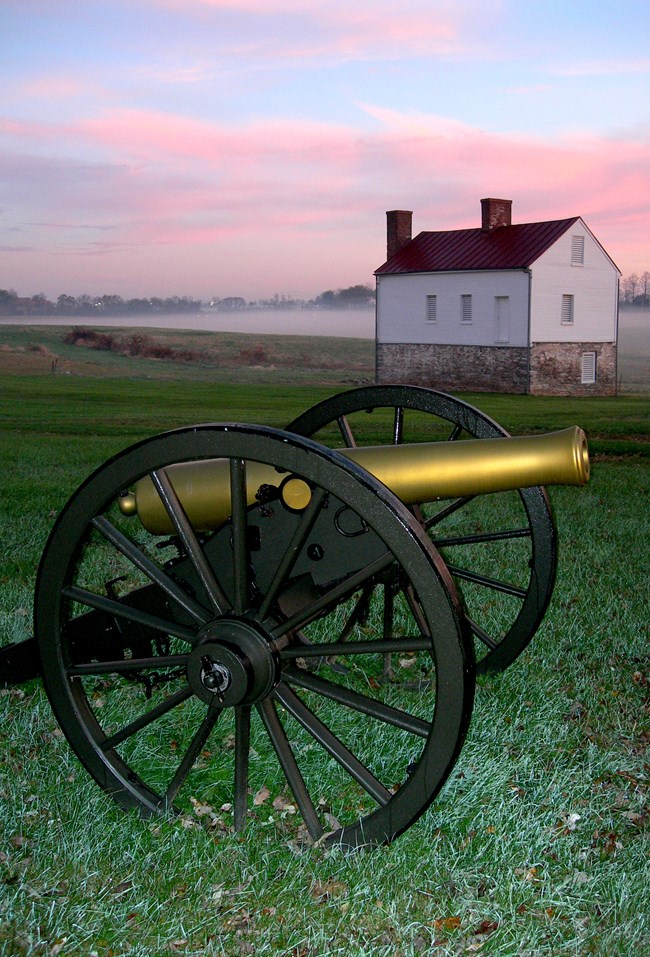 A cannon sits in a green field with a small two-story house in the background. The sky is pink and blue.